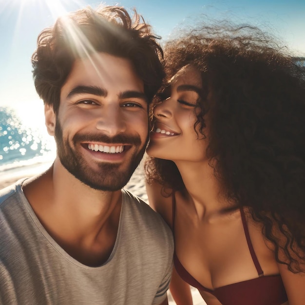 Photo joyful beach day couple in love sunny atmosphere