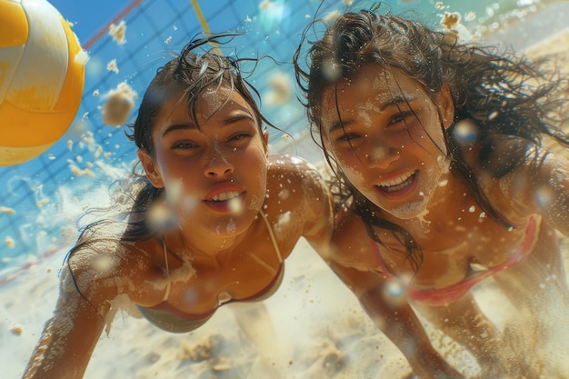 Радостные игроки в пляжный волейбол празднуют в воде Клоуз-ап двух игроков в пляжной волейбол, разделяющих радостный момент с водой, брызгающей вокруг них в праздновании