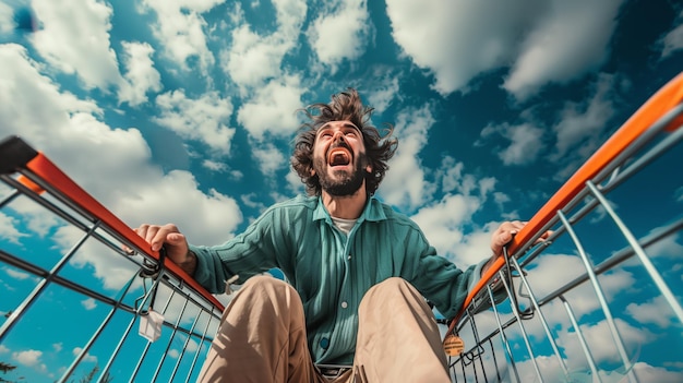 Photo joyful bearded man with flowing hair riding in a shopping cart with a vibrant blue sky backdrop