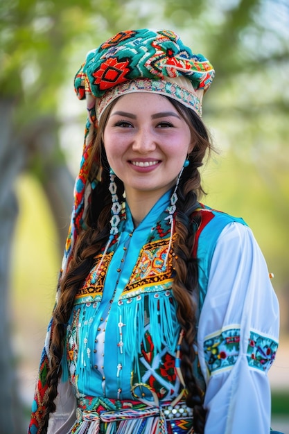 A joyful and beautiful young Kazakh woman dressed in traditional attire celebrating Nowruz