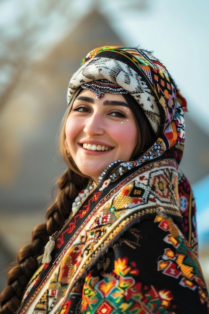 A joyful and beautiful young Kazakh woman dressed in traditional attire celebrating Nowruz