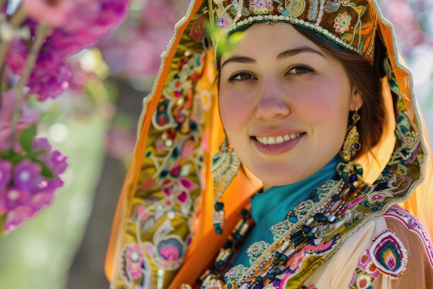 A joyful and beautiful young Kazakh woman dressed in traditional attire celebrating Nowruz