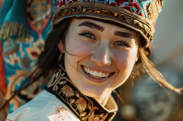 노루즈 를 축하 하는 전통 의 옷 을 입은 즐겁고 아름다운 카자흐 젊은 여자