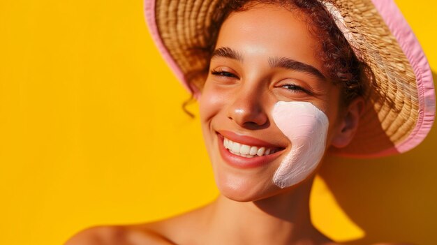 Joyful beauty woman with cream on face smiles against a yellow backdrop