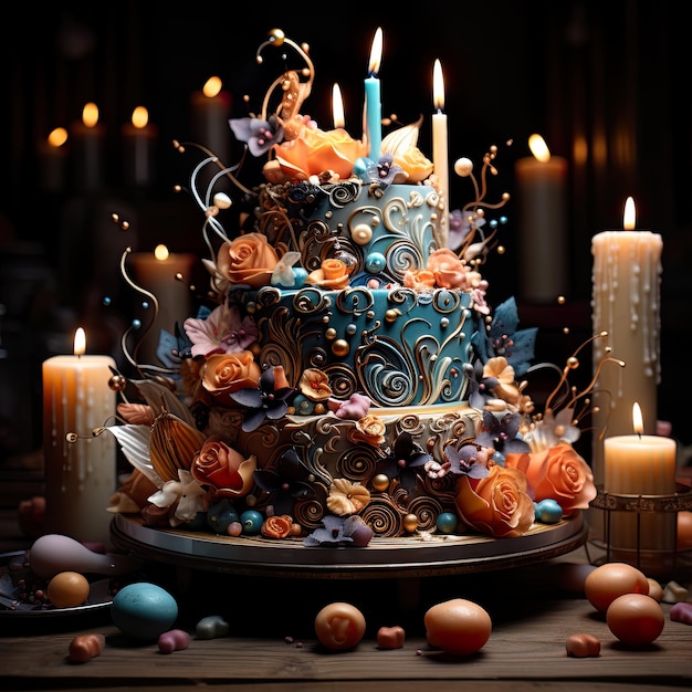 A joyful birthday celebration with a beautifully crafted cake The description emphasizes the happiness of the occasion and the attractiveness of the cake AI generative