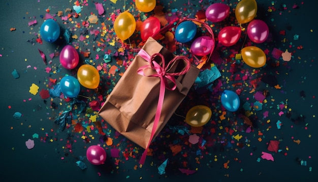 Joyful birthday celebration with confetti balloons and shiny gifts generated by AI