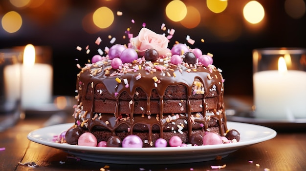 Joyful birthday celebration with delicious chocolate cake