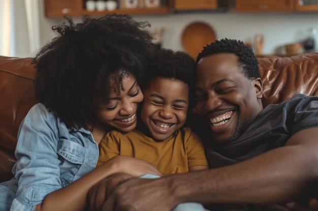 Joyful Black family bonding on sofa at home