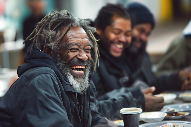 Photo joyful black homeless man laughs with friends at dinner