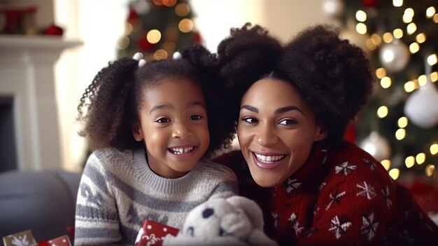 Joyful black mother and daughter have fun on Christmas at home