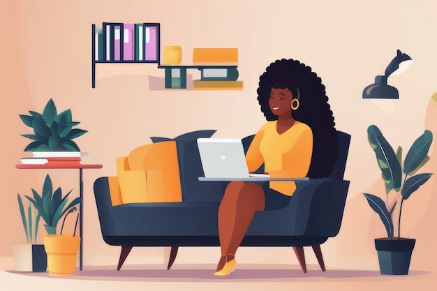 Joyful Black Woman at Home Office with Laptop Modern Work and Lifestyle