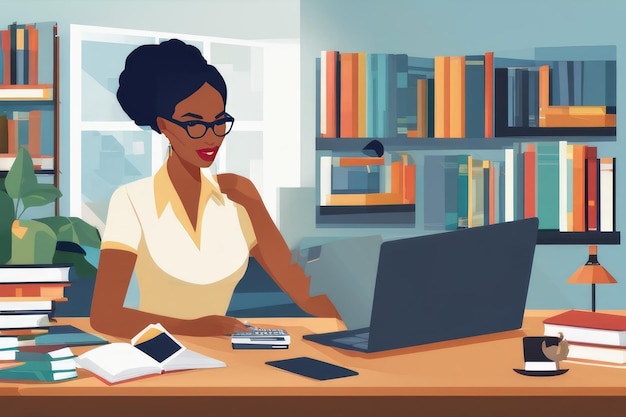 Радостная чернокожая женщина в домашнем офисе с ноутбуком Современная работа и образ жизни