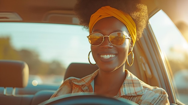 a joyful black woman operating an automobile