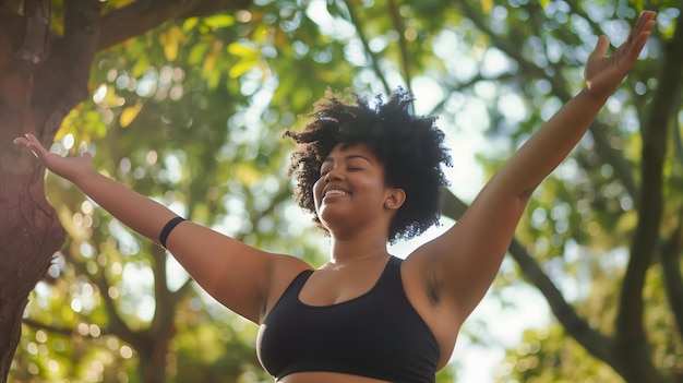 陽気な公園の外で腕を挙げた喜びの黒人女性 身体のポジティブなコンセプト