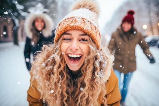 Joyful blonde girl enjoying snowflakes in winter wonderland portrait