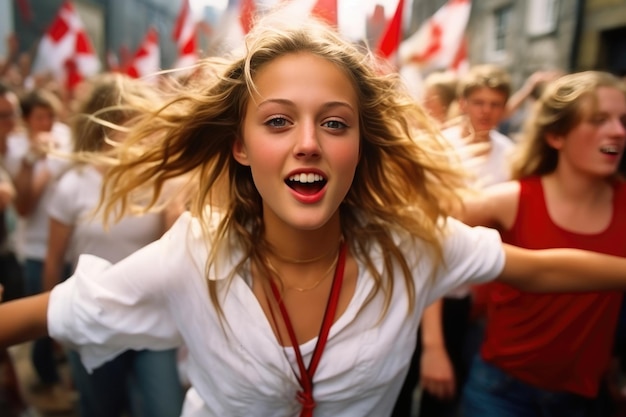 Joyful Blonde Teen Dancing Amidst Rural Revelry