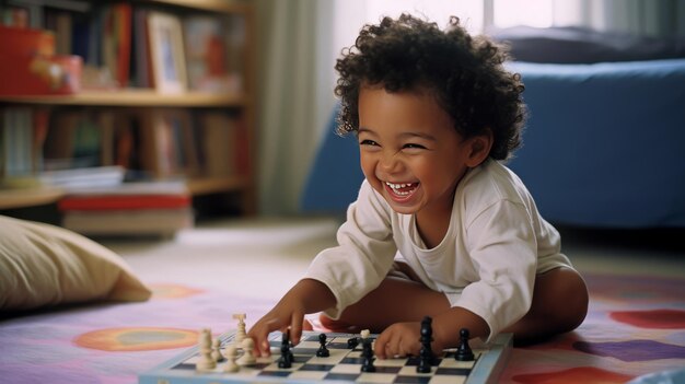 Photo a joyful bond capturing moments of laughter as a father and son battle it out in chess ar 169