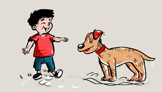 Joyful Bond HandDrawn Cartoon Illustration of a Child and Pet Dog Having Fun Together with Simple