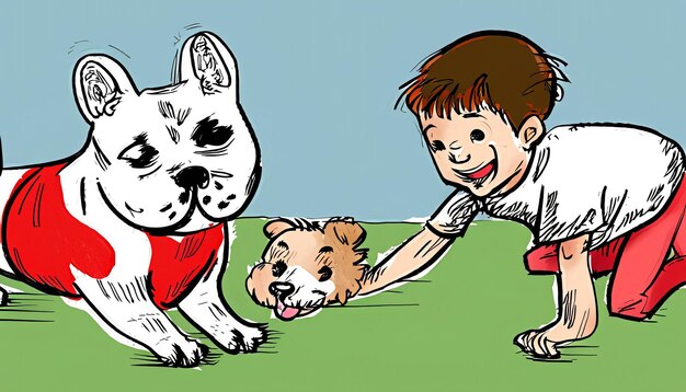 シンプルで一緒に楽しんでいる子供とペットの犬の楽しい絆の手描き漫画イラスト