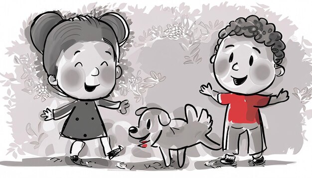 Foto joyful bond handdrawn cartoon illustrazione di un bambino e un cane che si divertono insieme con simple