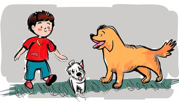 Радостный Бонд Ручная мультфильмная иллюстрация ребенка и домашней собаки, веселящихся вместе с простым