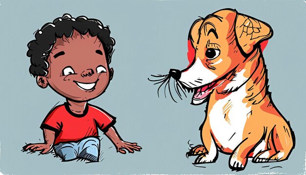 子供とペット・ドッグがシンプルと一緒に楽しんでいるジョイフル・ボンドの手描き漫画イラスト