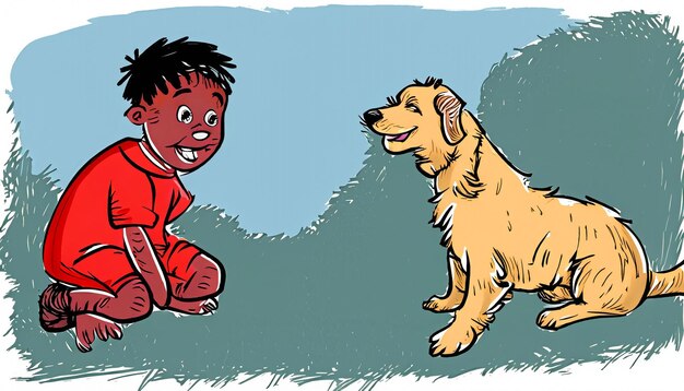 Joyful Bond Handgetekende cartoon-illustratie van een kind en een hond die samen plezier hebben met Simple