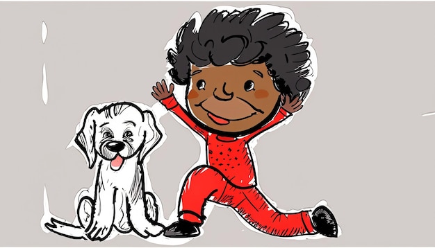 Joyful Bond handgetekende cartoon illustratie van een kind en hond die plezier hebben samen met Simple