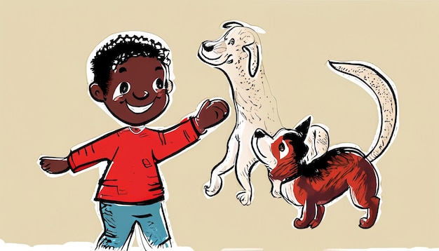 Joyful Bond handgetekende cartoon illustratie van een kind en hond die plezier hebben samen met Simple