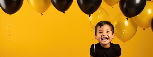 Joyful boy celebrates birthday or start of black friday sale