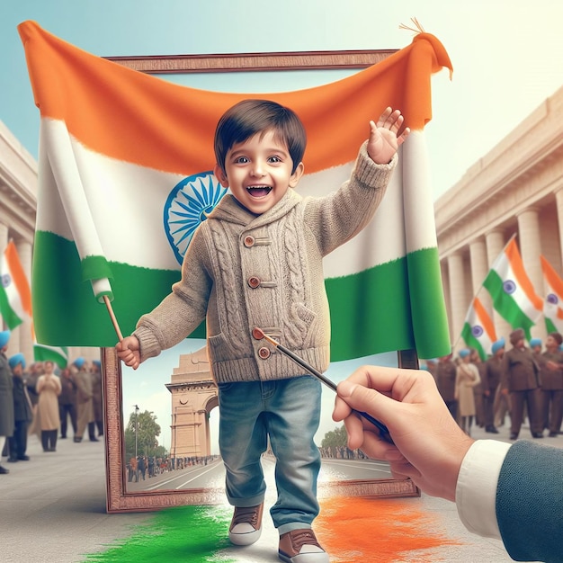 A joyful boy celebrates with the Indian flag symbolizing hope and pride