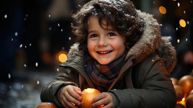 Joyful Boy at Christmas Market Children Admiring Ornaments Under Festive Lights