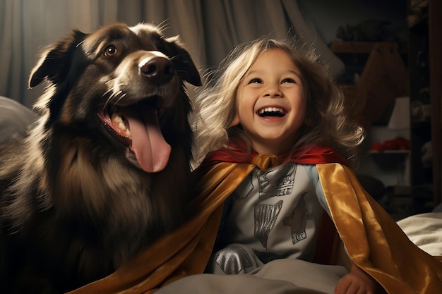 Радостный мальчик и собака в героической одежде играют в генеративный искусственный интеллект в помещении