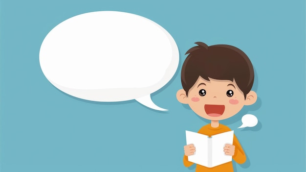 A joyful boy reads a book sharing his thoughts in a speech bubble capturing the magic of stories and imagination