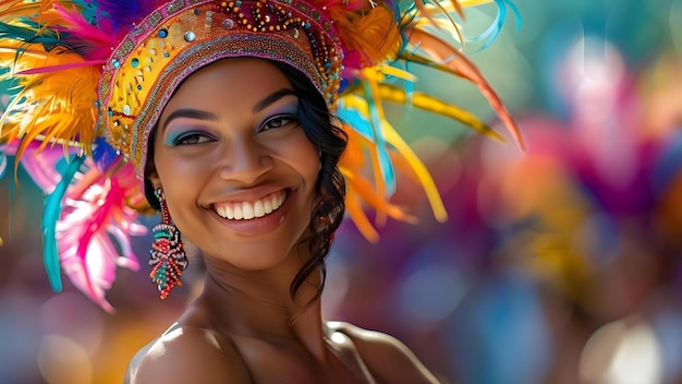 Фото Радостная бразильская женщина танцует в красочных карнавальных костюмах концепция бразильского карнавала традиционный танец красочные костюмы праздничное празднование