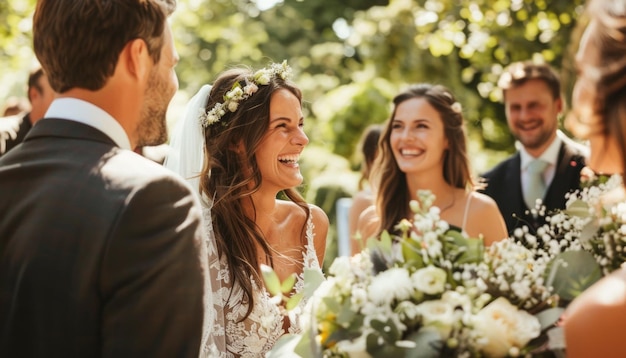 Joyful bride and guests at sunny wedding ceremony