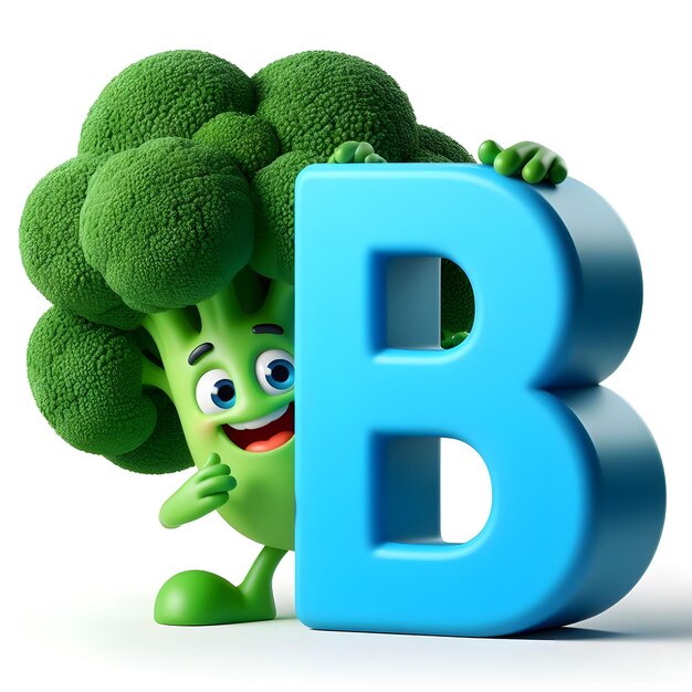 Foto un gioioso personaggio dei cartoni animati 3d di broccoli che sbircia dietro una lettera b