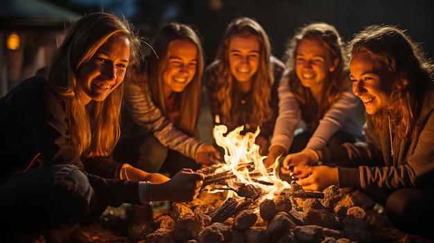 A joyful bunch of teenage pals cooking marshmallows around a campfire