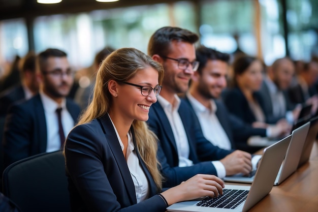 Joyful business colleagues attentively observing a presentation Generative Ai