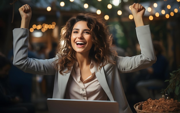 Photo joyful business woman freelancer entrepreneur smiling winning project concept happy gril with hands