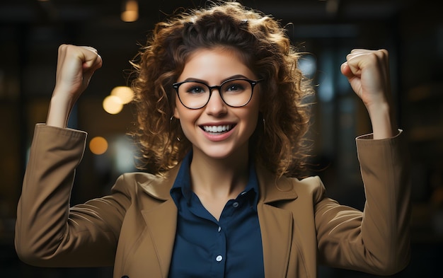 Photo joyful business woman freelancer entrepreneur smiling winning project concept happy gril with hands