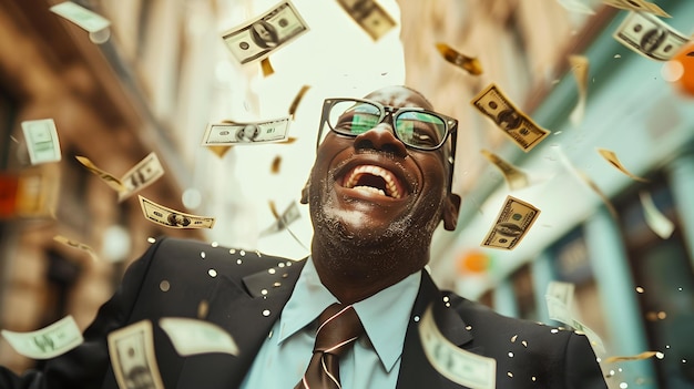 Joyful businessman celebrating success under a money rain financial achievement concept with exuberant male expression of wealth and prosperity AI