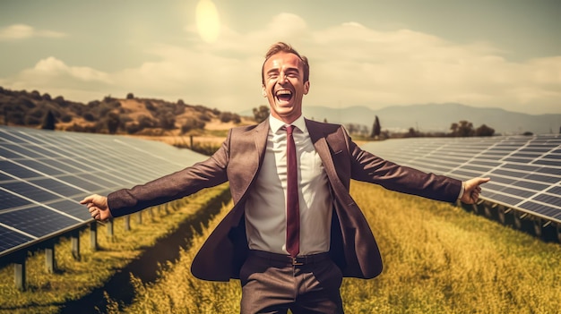 Photo a joyful businessman jumping with excitement against the backdrop of solar panels