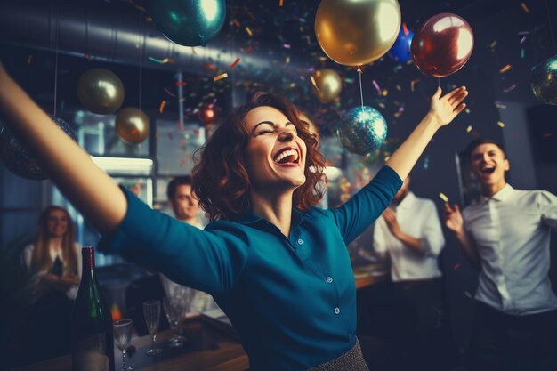 Foto una donna d'affari gioiosa che celebra con i colleghi uomini d'affare che fanno una festa divertente in ufficio