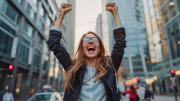 Joyful businesswoman in an urban setting celebrating a bonus promotion or good news