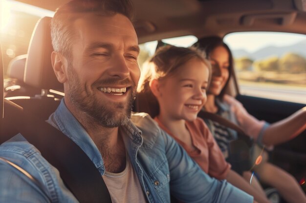 Photo joyful car adventure with a bearded dad and his family