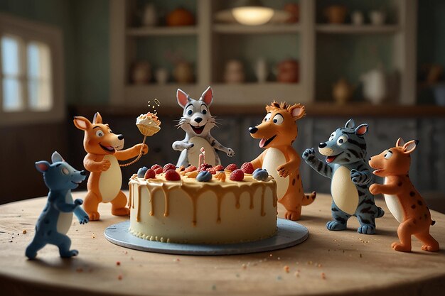 Photo joyful cartoon animals dance around fresh cake celebratio