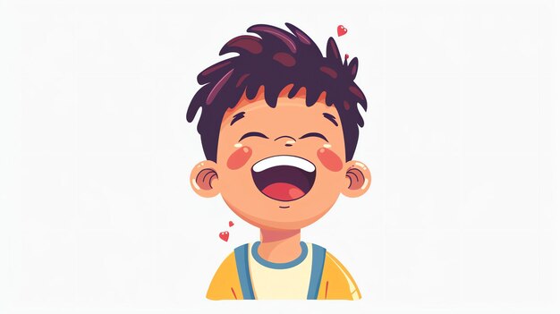 Photo joyful cartoon boy with a big smile on his face he has dark hair and is wearing a yellow shirt he is surrounded by hearts