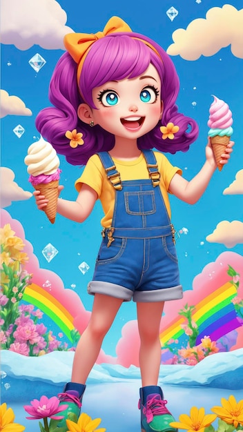 Радостный персонаж мультфильма наслаждается мороженым