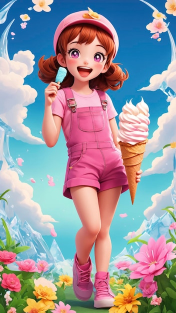 아이스크림을 즐기는 즐거운 만화 캐릭터